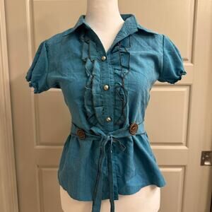 Teal Ruffle Button Front Blouse Top Belted Cottage core Shirt